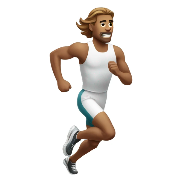 white male athlete running with a flowing, brown mullet sticker