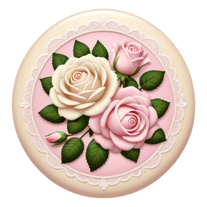 A round light cream colored button with light pink damask lace and white roses sticker