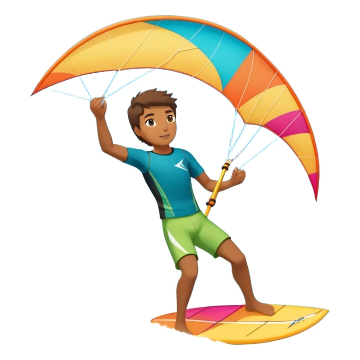 A professional kite surfer riding the waves, holding the kite in front of them as the wind fills the sail, propelling them across the water. The backdrop features a stunning landscape with a vibrant sky, crashing waves, and a sense of motion and adventure. sticker