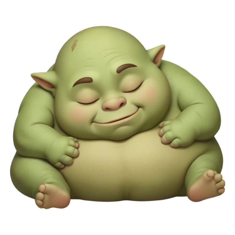 Meme-Worthy Cute Sleeping Ogre Portrait Emoji, with a surprisingly endearing, plump figure in soft earthy greens and browns, head drooping gently with closed, relaxed eyes and a content, sleepy grin, simplified yet adorably detailed, glowing with a soft warm outline that captures the peaceful slumber of a friendly ogre after a day of gentle mischief! sticker
