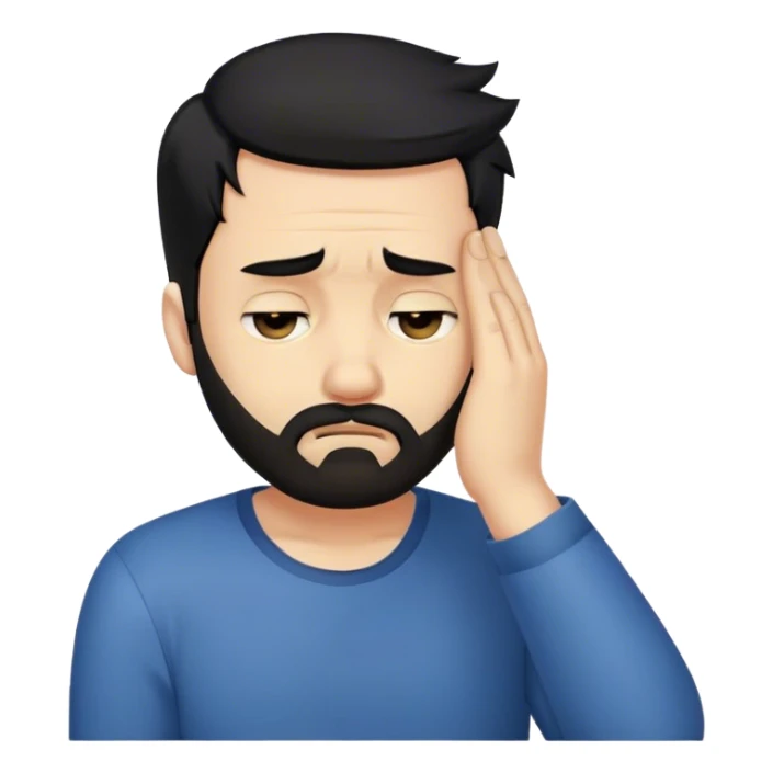 Facepalm emoji with disappointed expression, trimmed beard, medium-length black hair, short sides, hair forward sticker