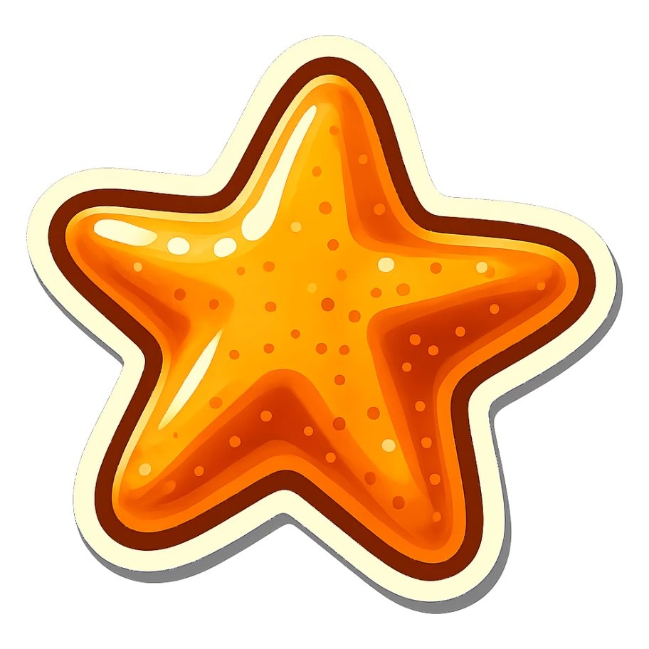 Convert the image to a playful, photorealistic dalgona candy in sticker style with a white border, shaped like a star. The style should be sticker-like, playful, and photorealistic. sticker