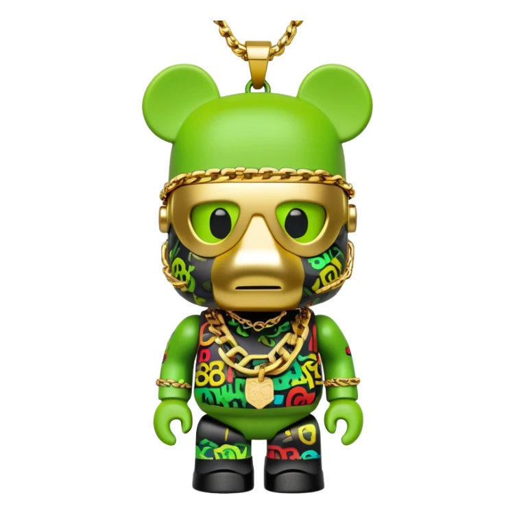 classic bearbrick figure with lime green mask covered in chaotic brand logos, wearing several large gold chains, gold pendant, rapper style accessories, expressive eyebrows sticker