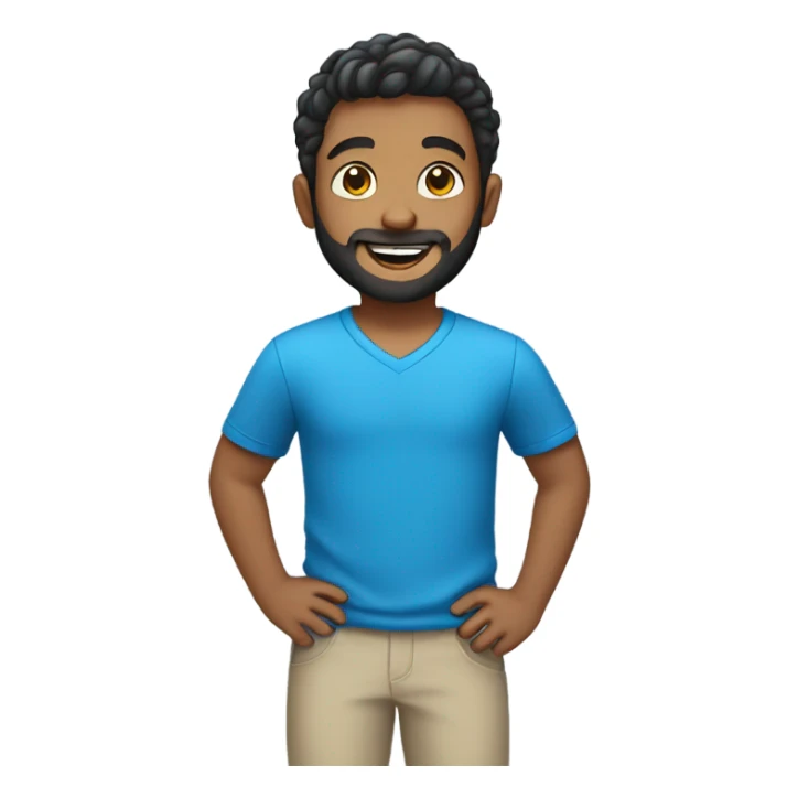 smiling boy in blue shirt with beard sticker