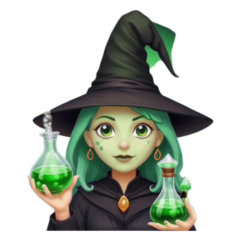 Witch with Green Skin – long-nosed witch in black hat holding potion sticker