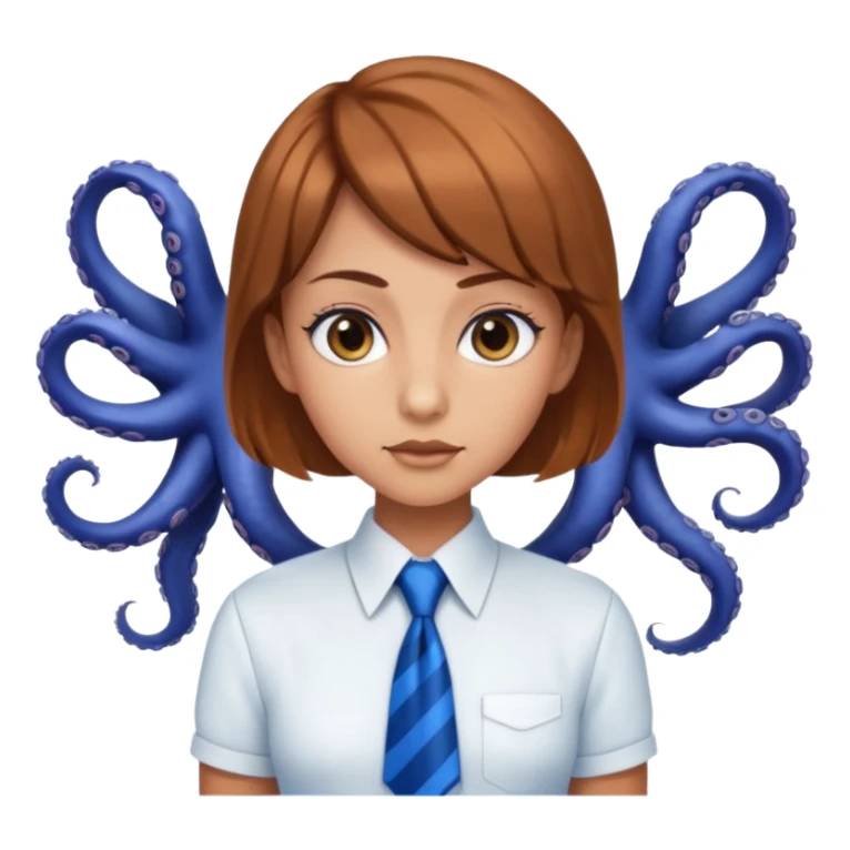 tanned, Doe hazel eyes, Octopus hair cut, White uniform top with blue tie, blue long skirt, Long lashes  sticker