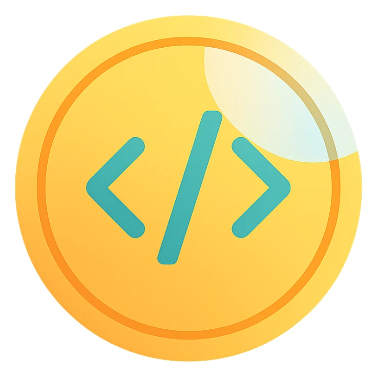 a vibrant colorful coin with coding symbols and a glass effect sticker