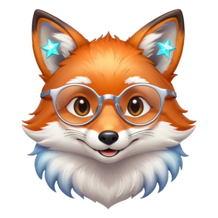 A gentle fox with iridescent fur, a glowing tail, a silver star on its forehead, and round glasses, smiling softly with closed, happy eyes sticker
