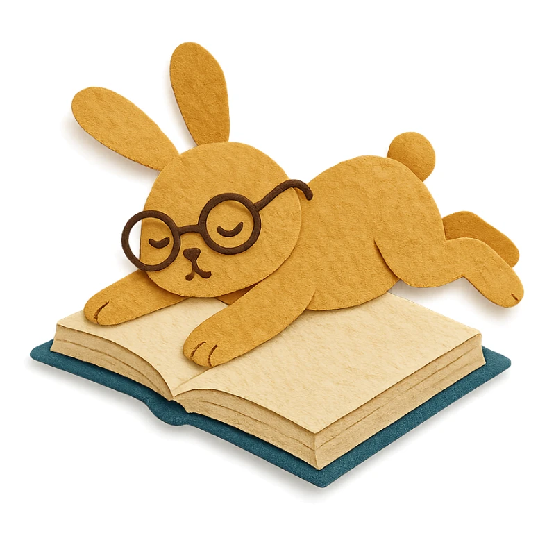 full-body biscuit bunny lying on a book with slipping glasses, paper-craft style sticker