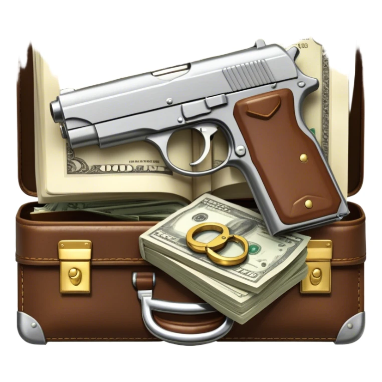 Icon for Action & Crime Reading: an open book, action-packed scenes, featuring a gun, handcuffs, a detective's badge and a briefcase with money. The icon should capture the tension and excitement of crime and action stories. Transparent background. sticker