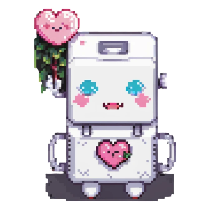 pixel art of an anthropomorphic battery with pink cheeks, winking, holding a tiny heart sticker