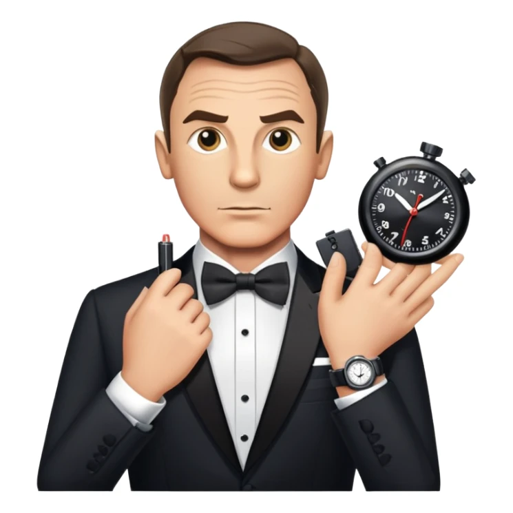 James Bond with spy gadget watch and bow tie sticker