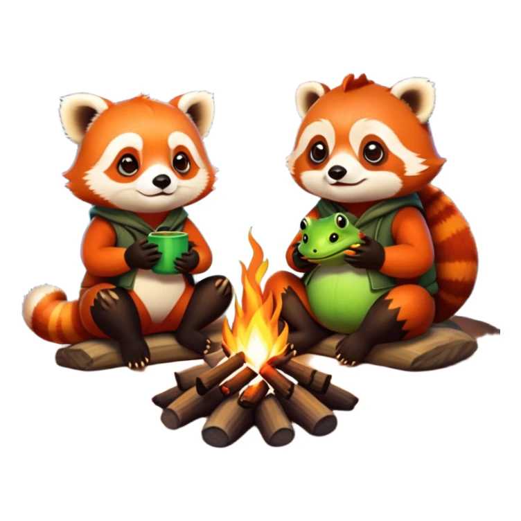 red panda and frog sitting together at a campfire sticker