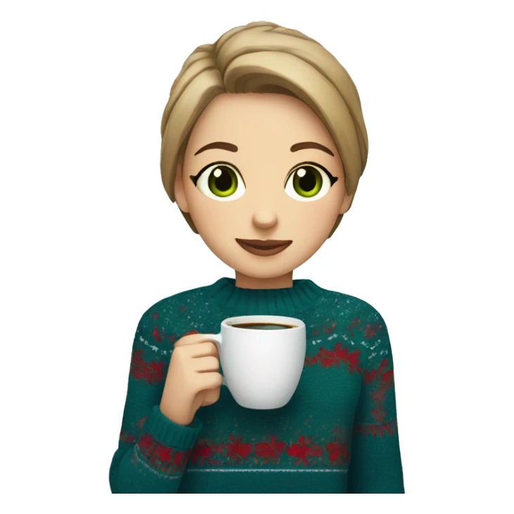 Light brown short haired girl with green eyes drinking coffee wearing blue Christmas sweater sticker