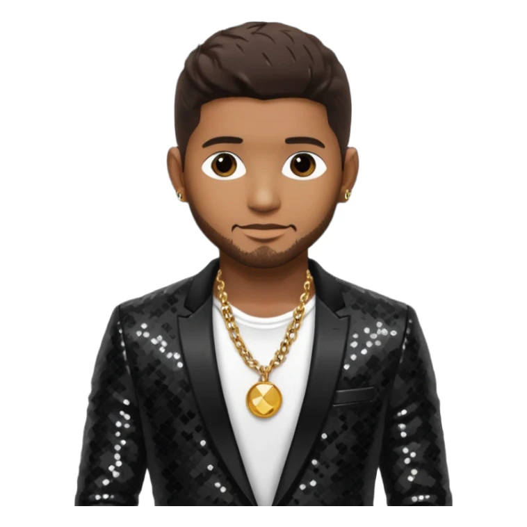 Usher with dark brown hair, black sequin suit jacket, shirtless with necklace sticker