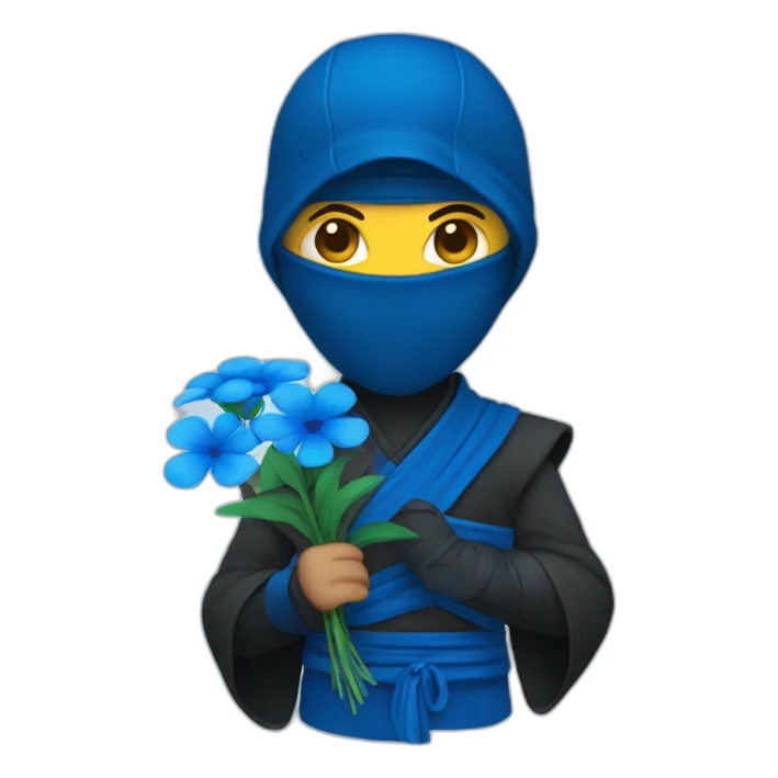 Ninja holding blue flowers & blue heart sticker