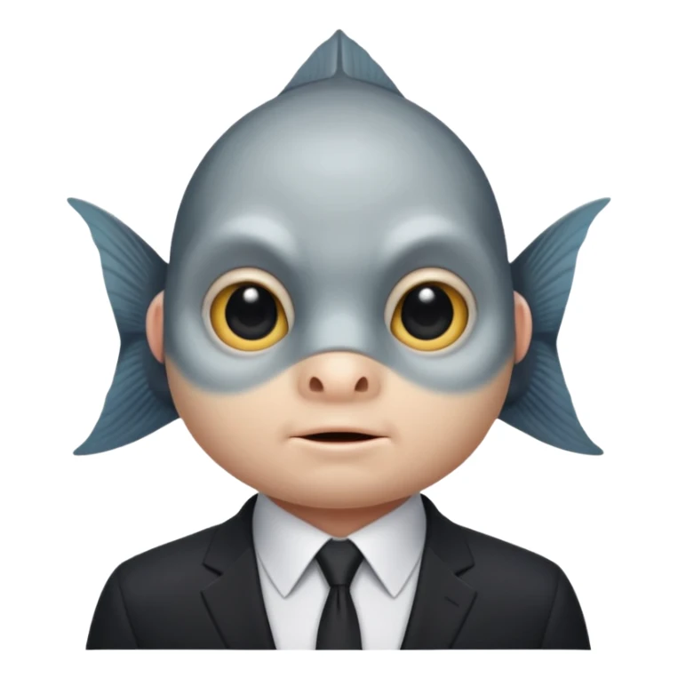 A fish man dressed in a black suit. Its face is grey fish. Just a fish. And The fish is facing upward. The fish’s neck connects smoothly with the collar of the suit. sticker
