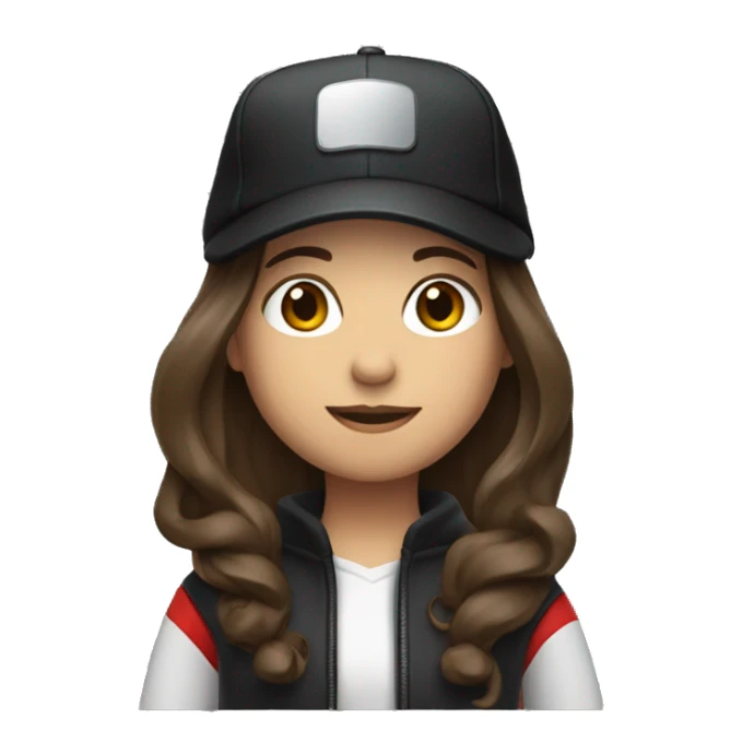 Brunette with long hair in a black cap and a red jacket with a camera sticker