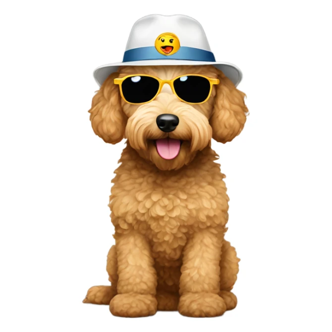 A golden doodle wearing a 2025 hat and glasses sticker