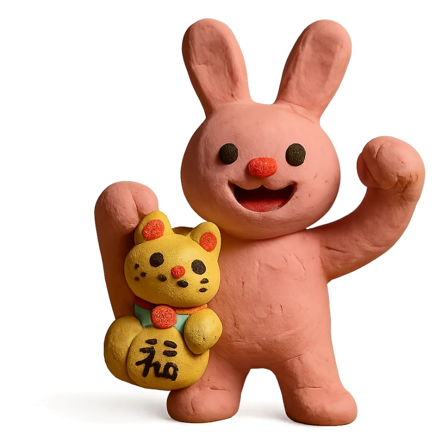 pink bunny holding lucky charm and pumping fist, claymation style sticker