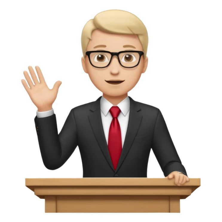 A professional clean-shaven man in a dark business suit and red tie standing behind a podium, confidently delivering a speech. Hands slightly open in a welcoming gesture, soft studio lighting, neutral dark background, friendly facial expression, glasses, elegant and corporate look. sticker