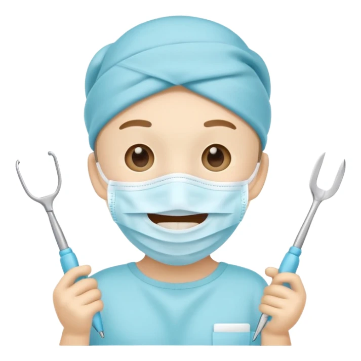 Cute tooth character wearing a face mask, holding dental tools, friendly and clean emoji style, flat illustration, simple design, white background. sticker