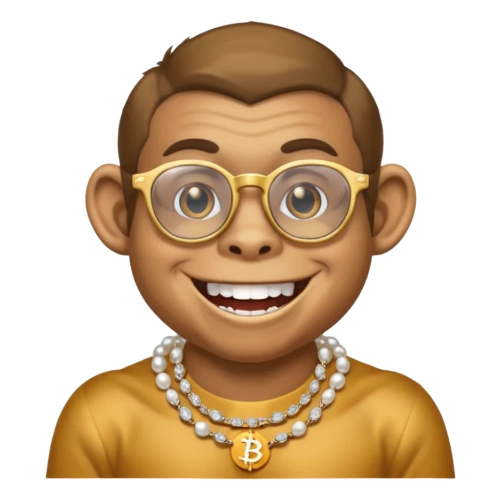 rich monkey with glasses smiling with diamond grillz and a bitcoin golden chain with diamond pearls sticker