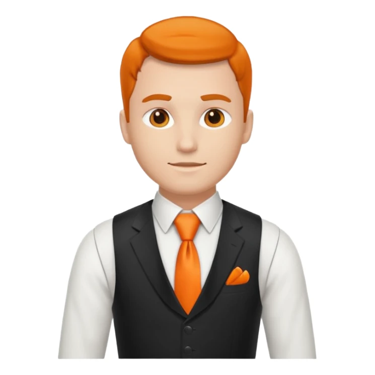 groom in white vest, orange tie sticker