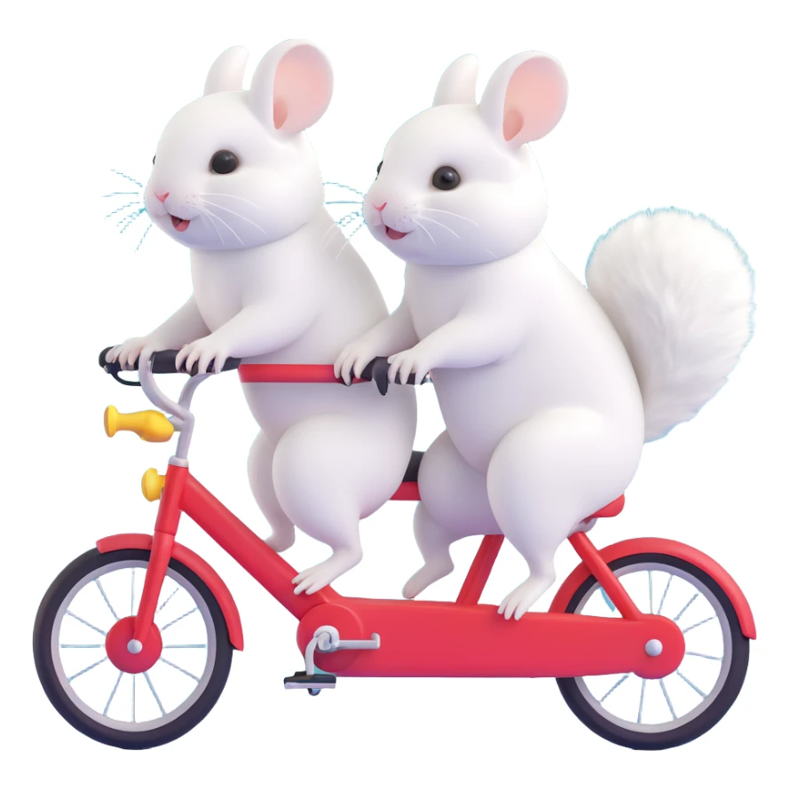 two white fluffy chinchillas riding together on a two-seater bike, cute and playful, clear details sticker