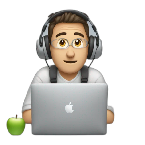Un chico trabajando con ecosistema apple (Macbook, auriculares y mouse) sticker