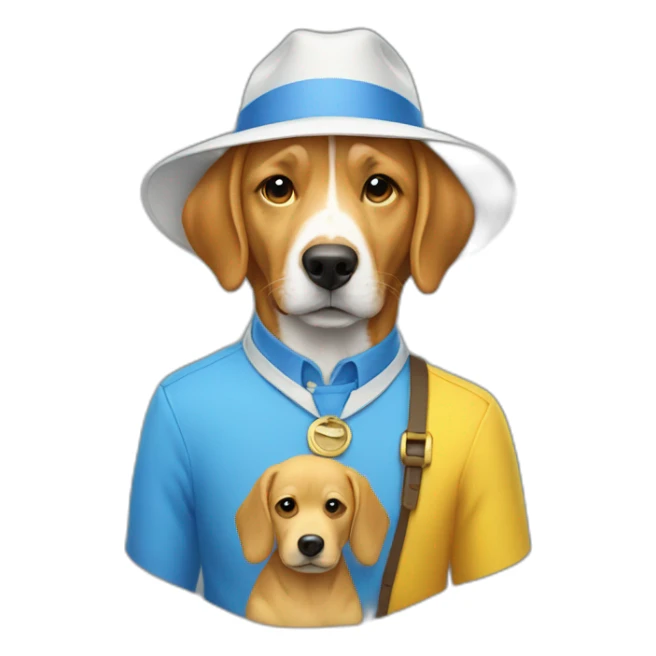 A person wearing a white hat, a blue shirt, and a yellow dog  sticker