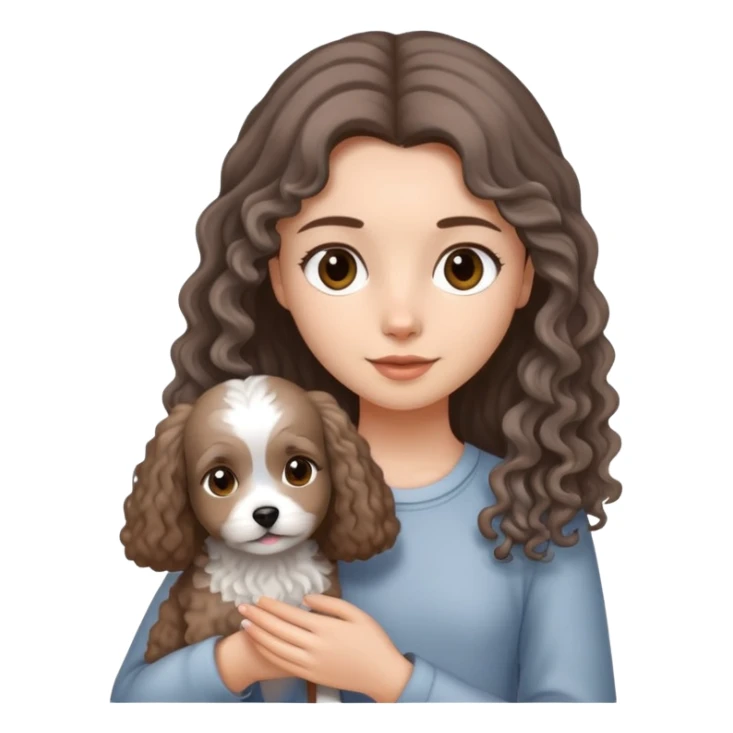 A girl with long straight hair holding a small light gray curly-haired dog sticker