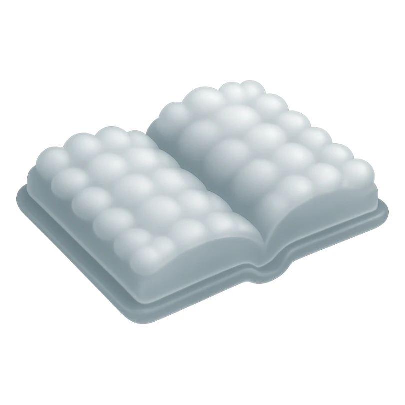 thick open book viewed from above, entirely made of small very bright white fluffy convex clouds, matte glass style sticker