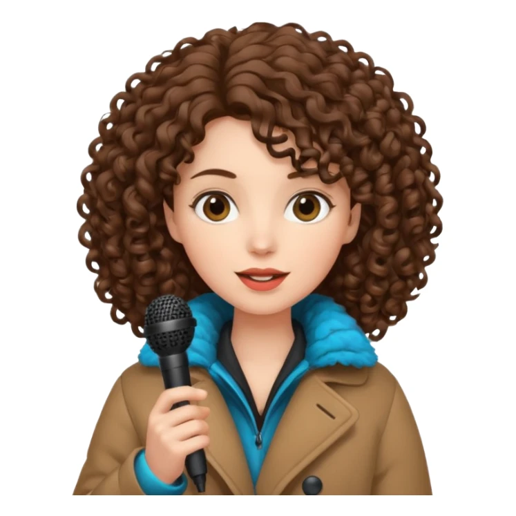 curly haired woman with winter clothes holding microphone sticker
