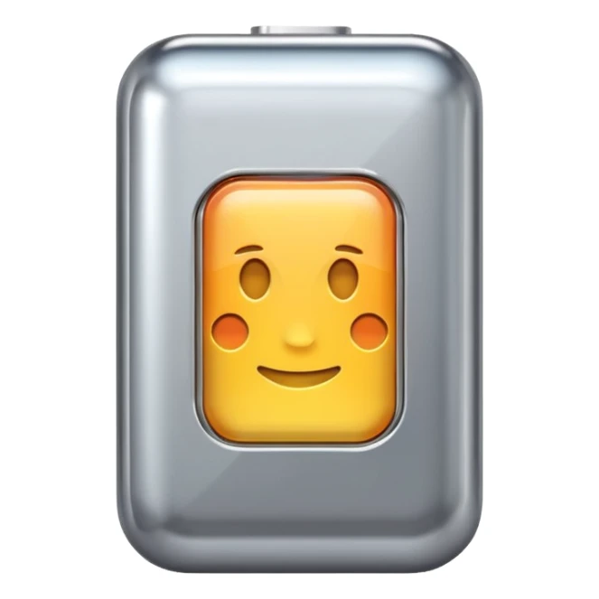 A battery emoji made of silver chrome, smooth rounded shape, minimal futuristic design, glossy metallic finish, soft reflections, iOS emoji style, centered on clean white background sticker