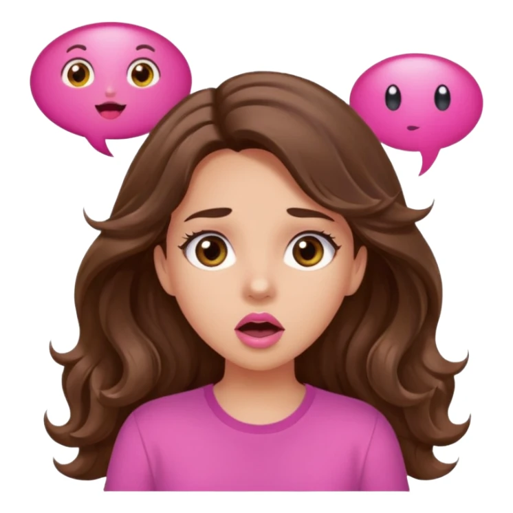girl with long wavy brown hair, brown eyes, light to medium complexion, in a pink shirt, pink lips, long lashes, surprised, wow speech bubble sticker