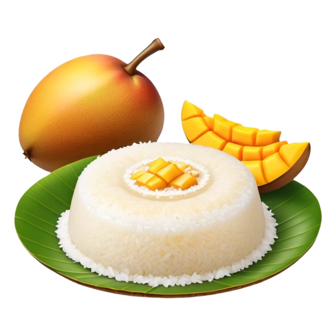 cinematic-realistic-mango-sticky-rice-dessert-emoji,-showcasing-sweet-sticky-rice out of a mould-paired-with-ripe-mango-slices-and-coconut-milk-rendered-with-lifelike-detail-and-warm,-inviting-lighting with the coconut  milk over the rice sticker