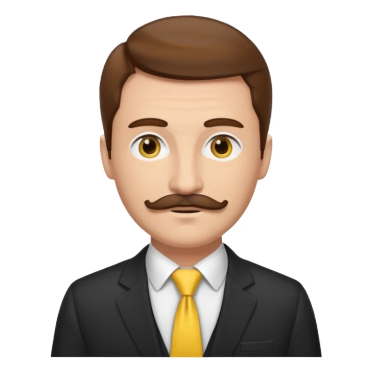 ["Fair-skinned man with brown hair and thin moustache, wearing a suit and yellow tie."] sticker