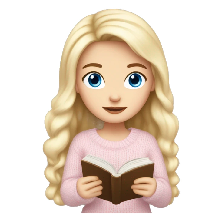 Pretty blue eyed white girl with light pink sweater reading cozy sticker
