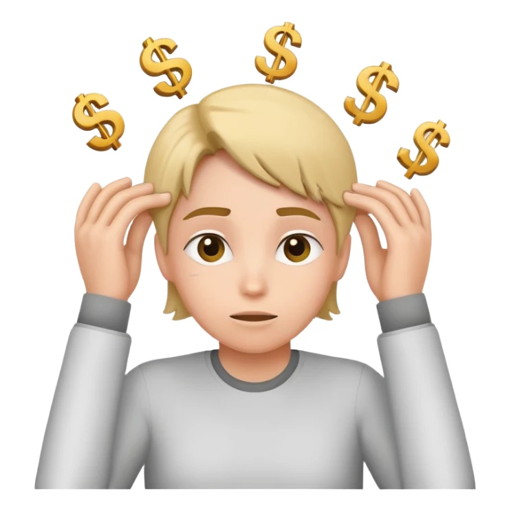 thinking about money, scratching head, with dollar signs around sticker