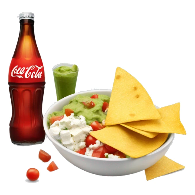 Bowl with guacamole, tomatoes, feta cheese, a side of nachos and a coca cola  sticker