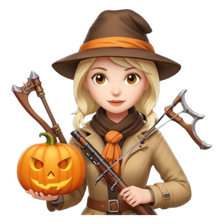female human monster hunter emoji, wearing brown coat and hat, holding crossbow, soft smile, scarf, glowing pumpkin by her side, Halloween fantasy style, clean vector Apple emoji look, bright colors, white background, square sticker