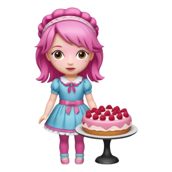 Isolated detaile illustration incredibly modern raspberry torte doll figurine full body with pink hair and a raspberry hairband sticker