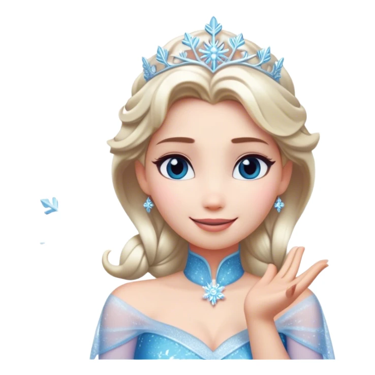 Cinematic Elegant Elsa Portrait Emoji, Standing gracefully with snowflakes forming in her hands, a soft yet confident smile, frosty shimmer surrounding her, a queen in perfect icy splendor! sticker