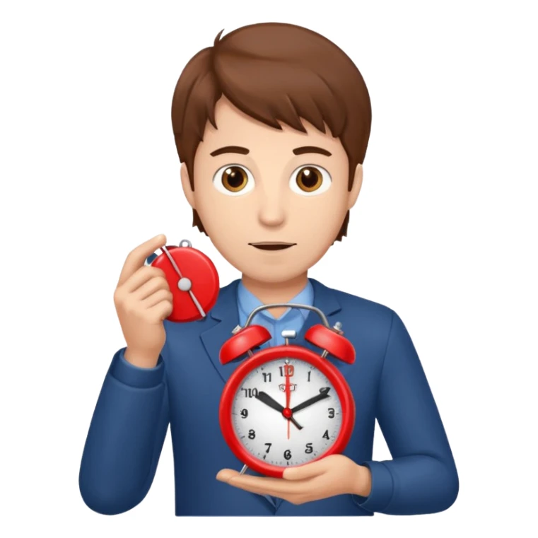 A man with brown hair holding a red alarm clock sticker