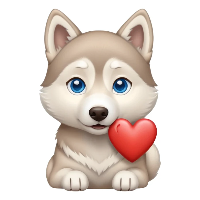 Beige husky with blue eyes holding a brown heart sticker