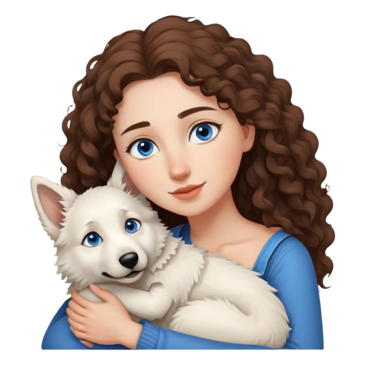 White Shepherd, Young Curly Long brown hair woman with Blue eyes umarmen  sticker