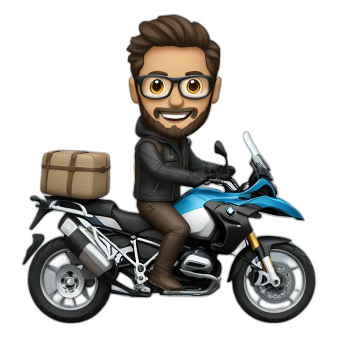 Francisco-Javier-Sans-Sánchez with beard and glasses, riding a BMW-R-1200-GS,waving sticker