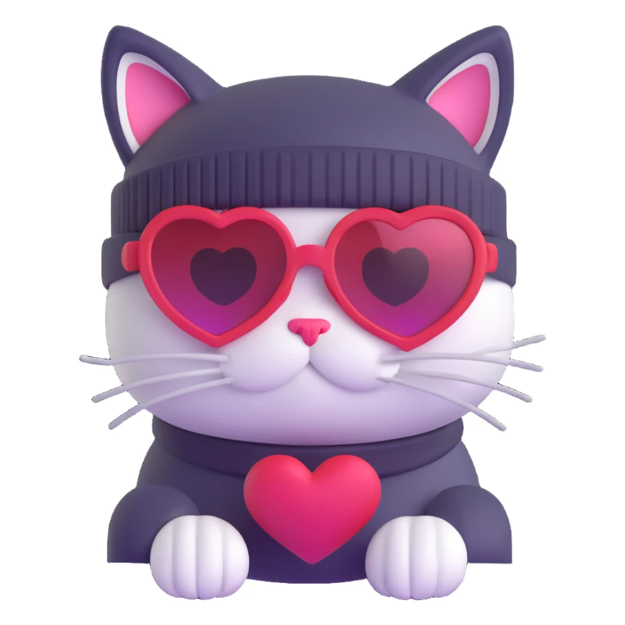 cat wearing a beanie and heart-shaped sunglasses sticker