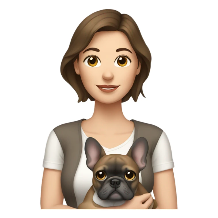 Woman with brown hair holding a gray French bulldog sticker